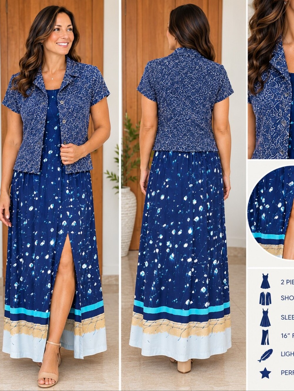 KC Spencer Vintage/Y2K Blue Patterned 2 Piece Dress With Short Sleeve Cardigan